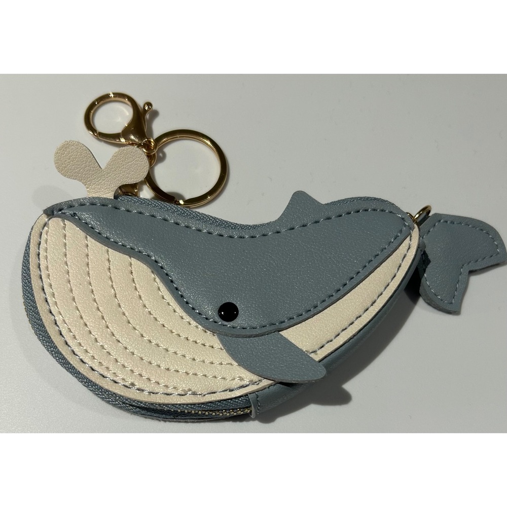 Miniso Blue Whale Coin Purse Keychain Faux Leather Novelty Bag Charm Gold‎ Tone